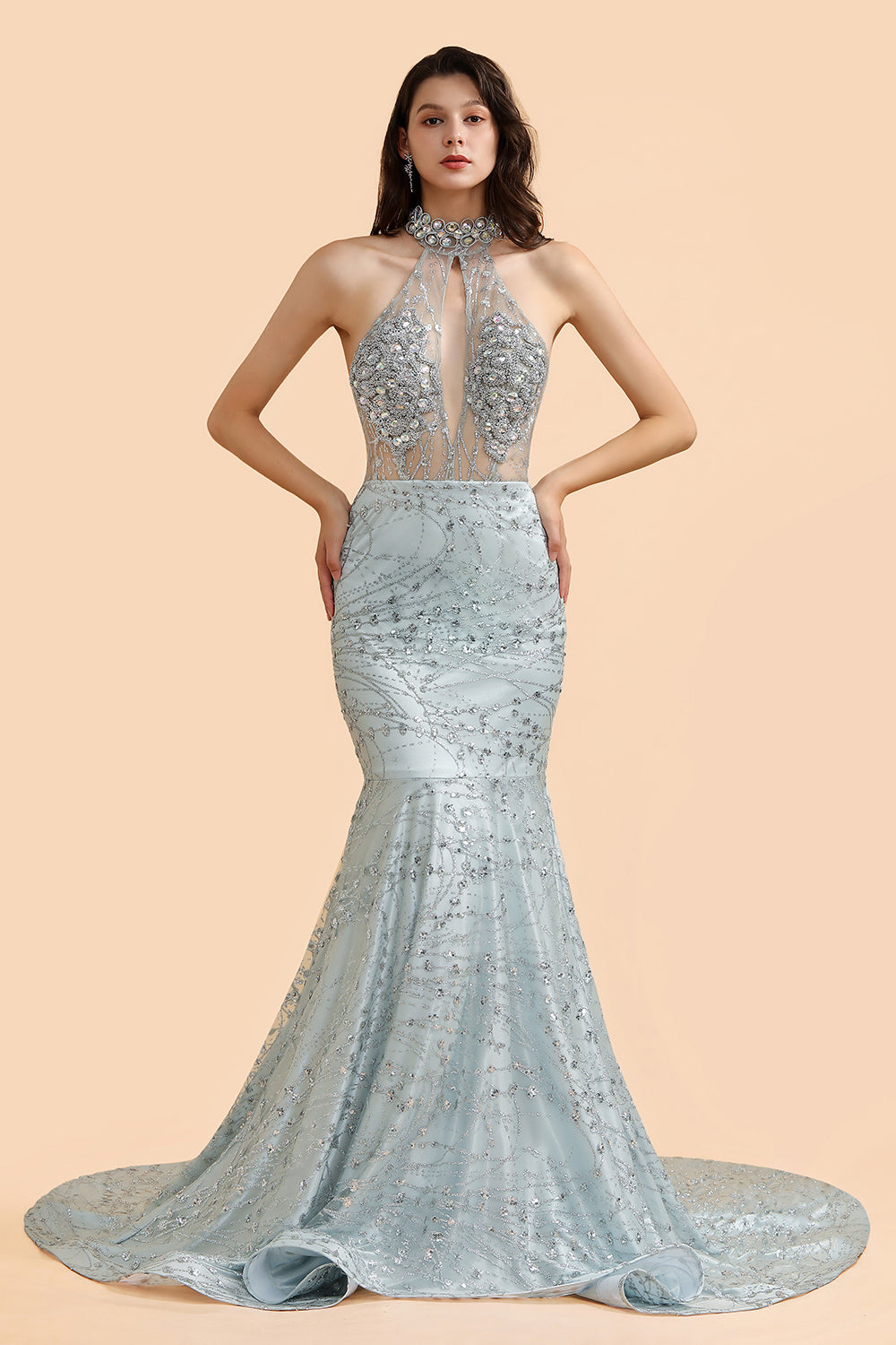 Luxurious Halter Rhinestones Prom Dress Mermaid Long - Fashionpara