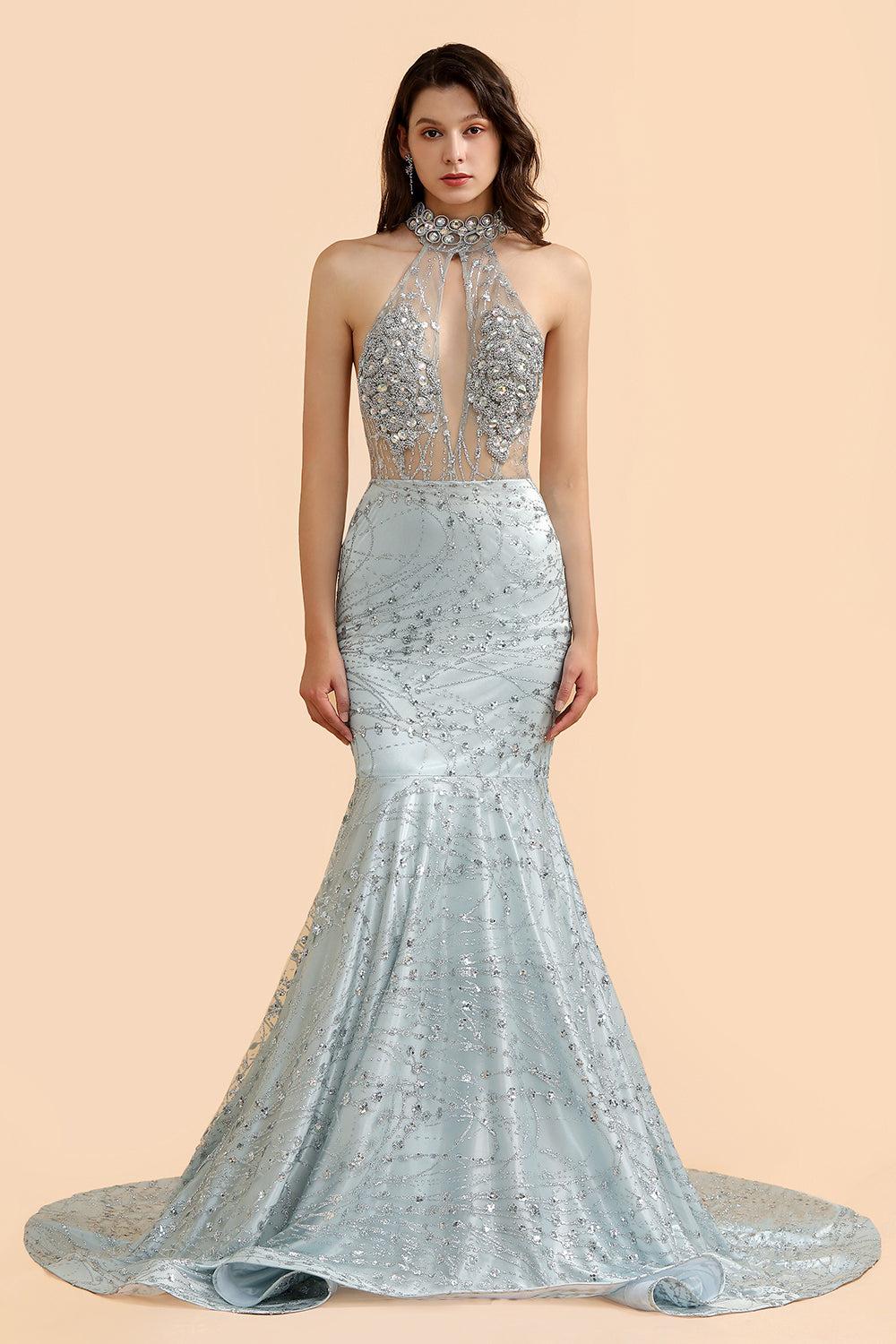 Luxurious Halter Rhinestones Prom Dress Mermaid Long - Fashionpara