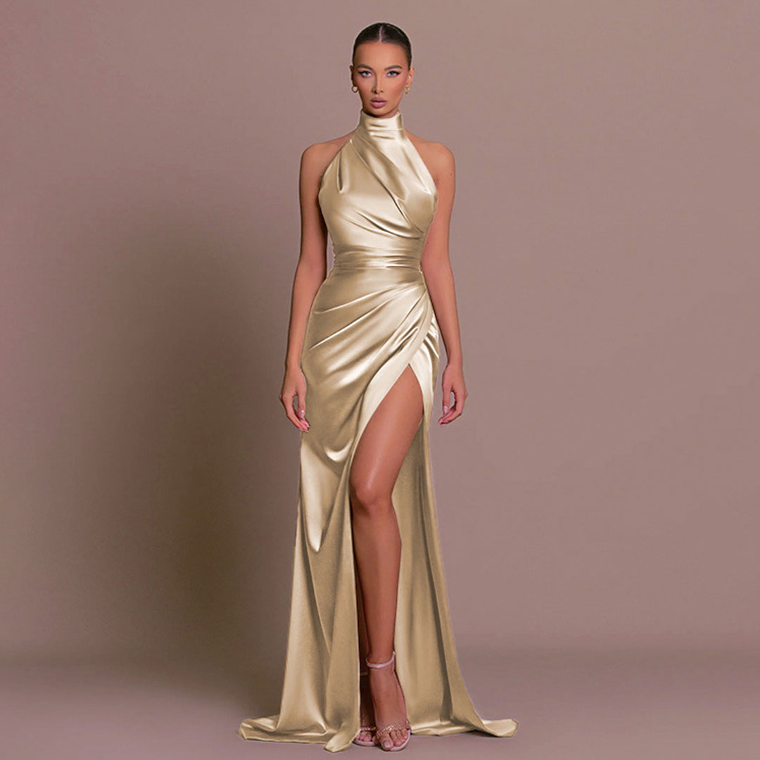 Luxurious High Neck Halter Ruched Side Split Satin Maxi Evening Dress - Fashionpara