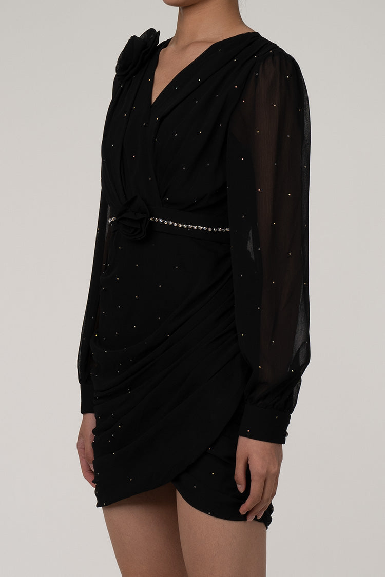 Luxurious Rosette Wrap Neck Crystal Detail Chiffon Ruched Party Mini Dress - Fashionpara