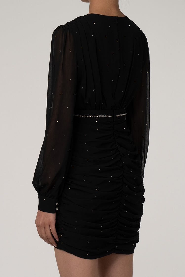 Luxurious Rosette Wrap Neck Crystal Detail Chiffon Ruched Party Mini Dress - Fashionpara