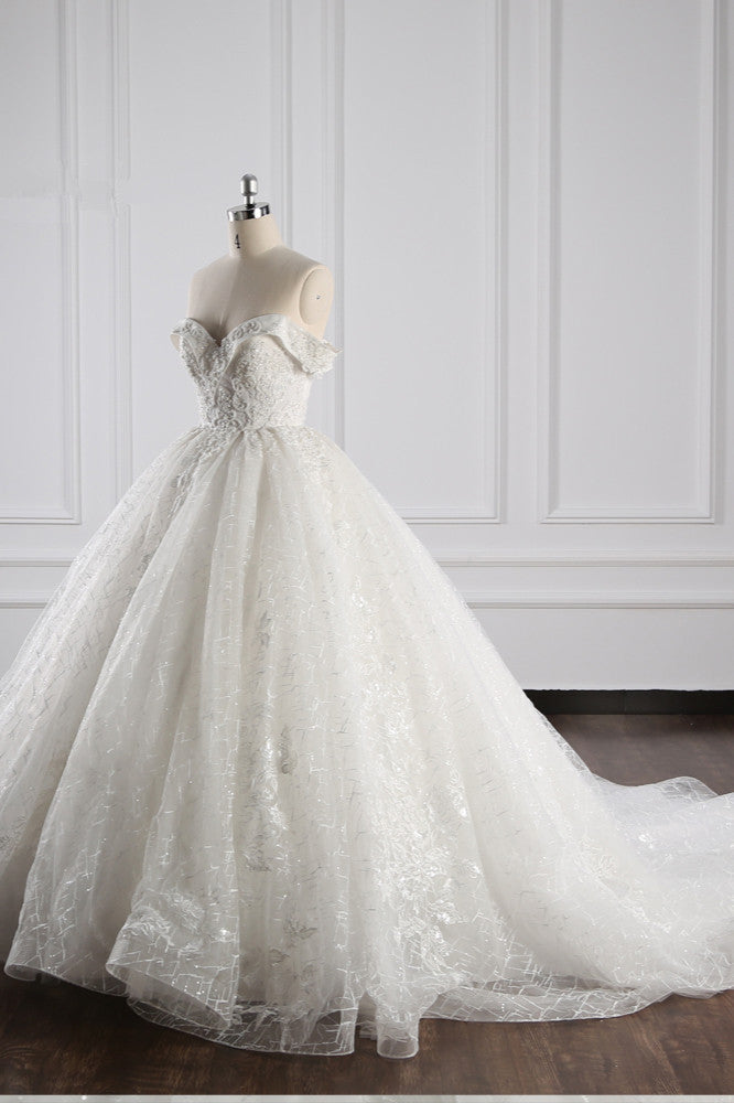 Luxury Ball Gown Off-the-Shoulder Tulle Lace Wedding Dress Appliques Sleeveless Bridal Gowns On Sale - Fashionpara