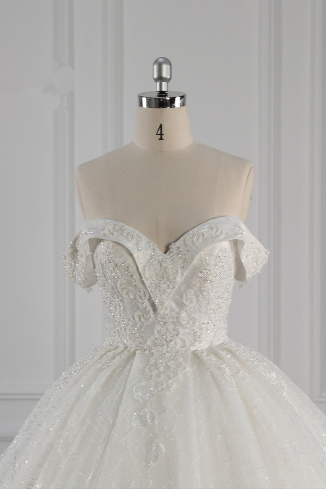 Luxury Ball Gown Off-the-Shoulder Tulle Lace Wedding Dress Appliques Sleeveless Bridal Gowns On Sale - Fashionpara