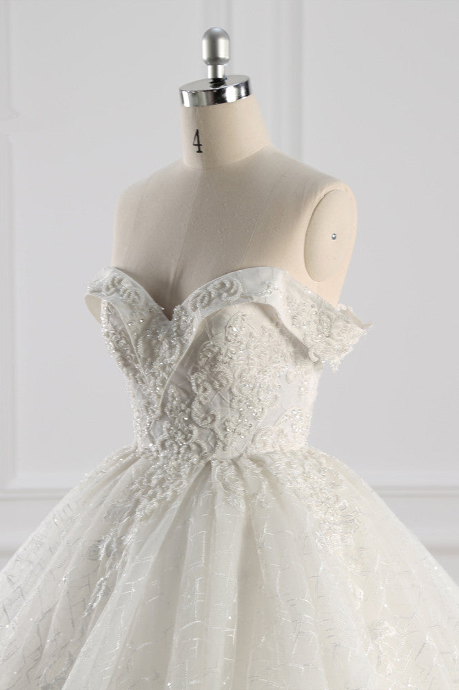 Luxury Ball Gown Off-the-Shoulder Tulle Lace Wedding Dress Appliques Sleeveless Bridal Gowns On Sale - Fashionpara