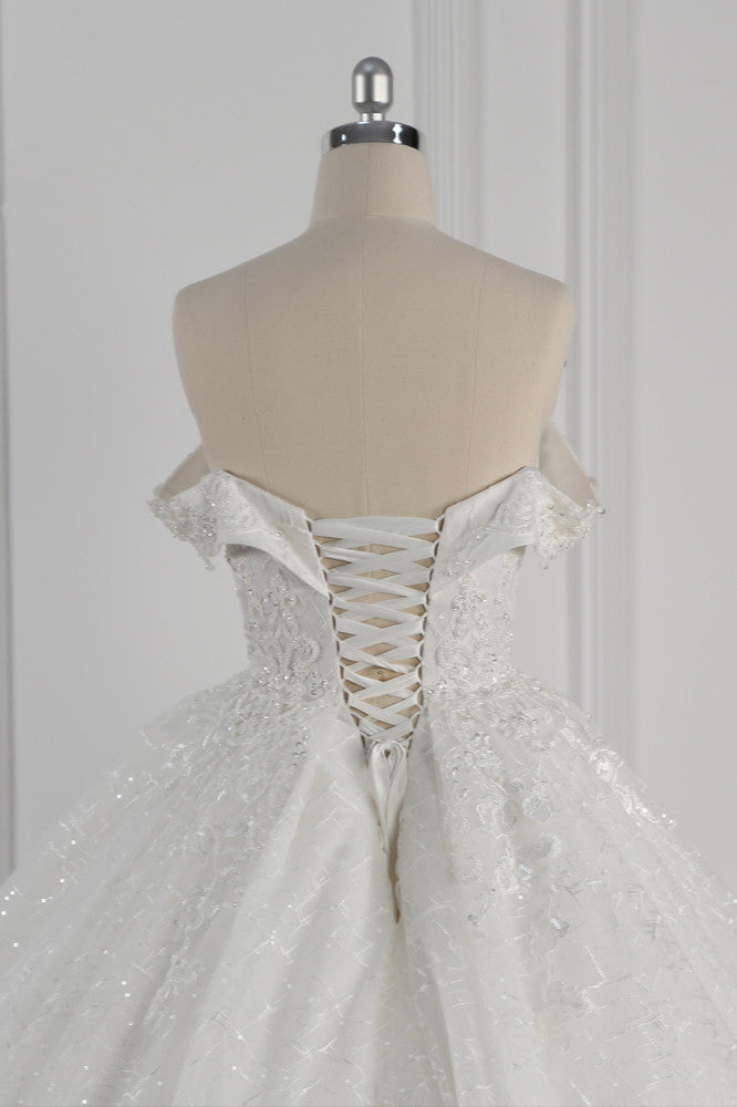 Luxury Ball Gown Off-the-Shoulder Tulle Lace Wedding Dress Appliques Sleeveless Bridal Gowns On Sale - Fashionpara