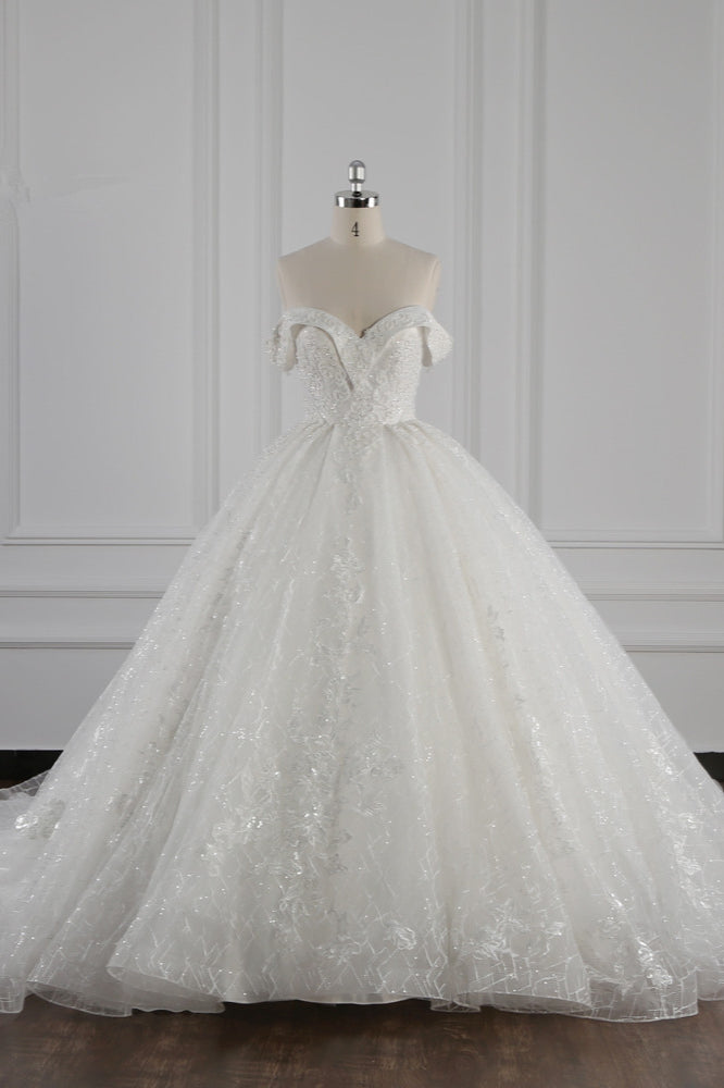 Luxury Ball Gown Off-the-Shoulder Tulle Lace Wedding Dress Appliques Sleeveless Bridal Gowns On Sale - Fashionpara