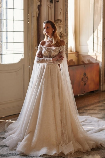 Exquisite Off-the-Shoulder Long Sleeves A-Line Wedding Dress in Lace with Beaded Details - Fashionpara