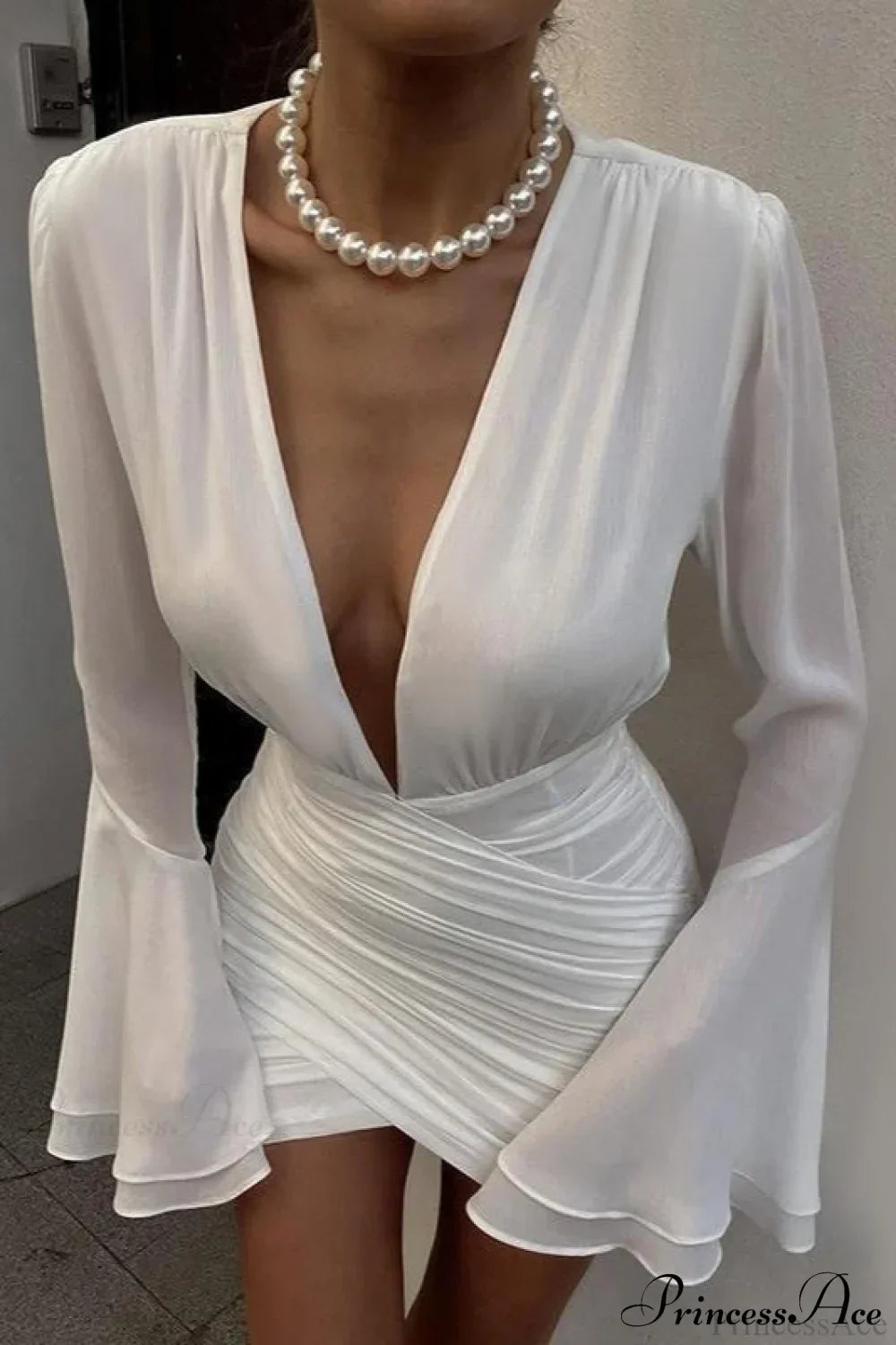 V-Neck Long Sleeve Ruched Bodycon Mini Dress