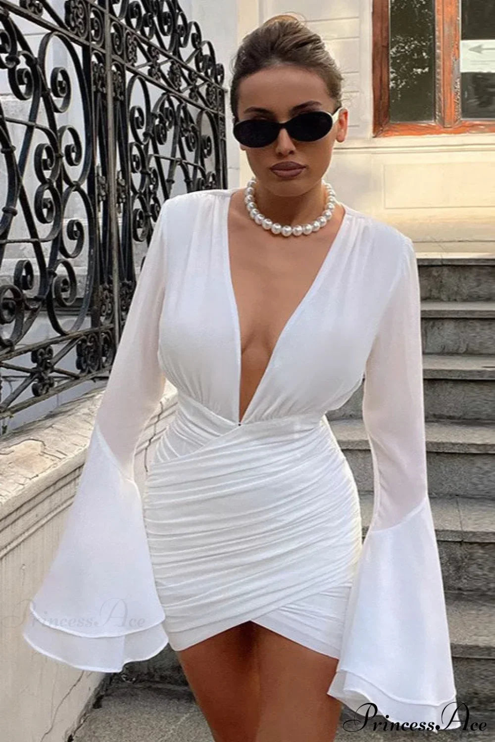V-Neck Long Sleeve Ruched Bodycon Mini Dress