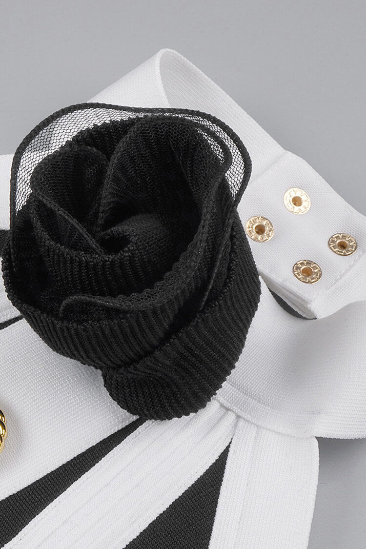 Luxury Black and White Bandage Godet Rosette Halter Skater Party Mini Dress - Fashionpara