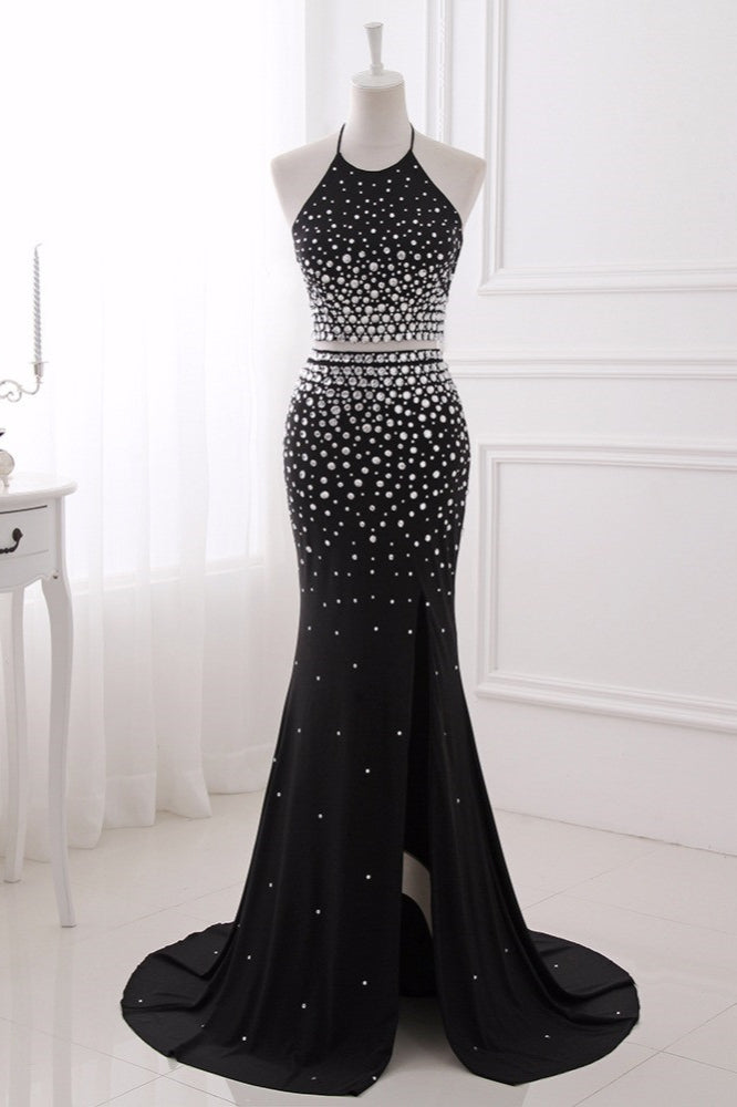 Luxury Chiffon Halter Sleeveless Beadings Prom Dresses with Front Slit - Fashionpara