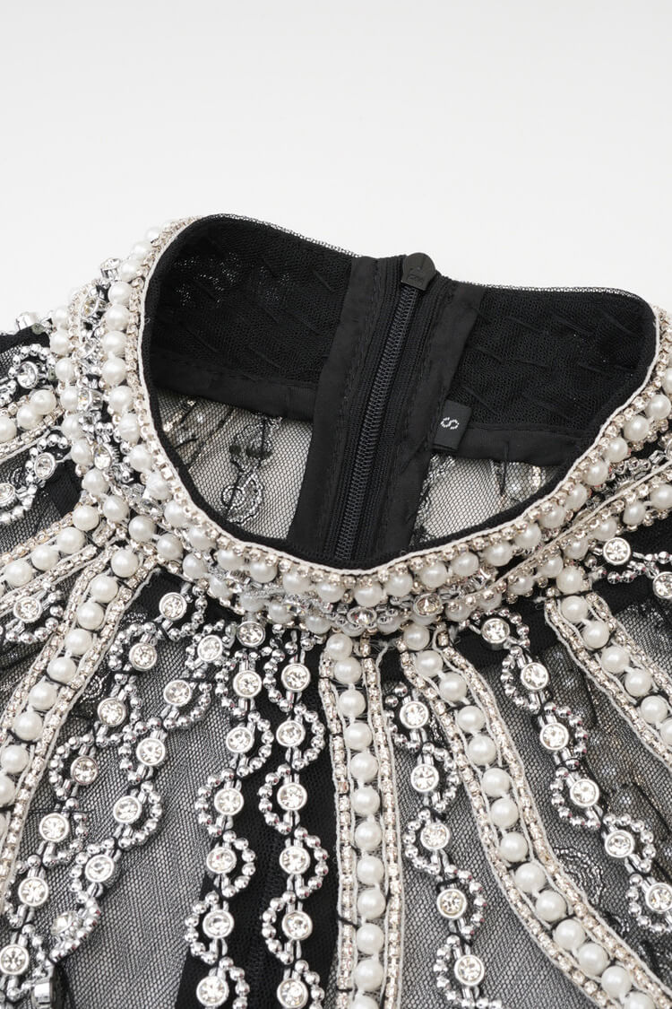 Luxury Crystal Pearl Beaded Drop Waist Tiered Tulle Maxi Evening Dress - Fashionpara