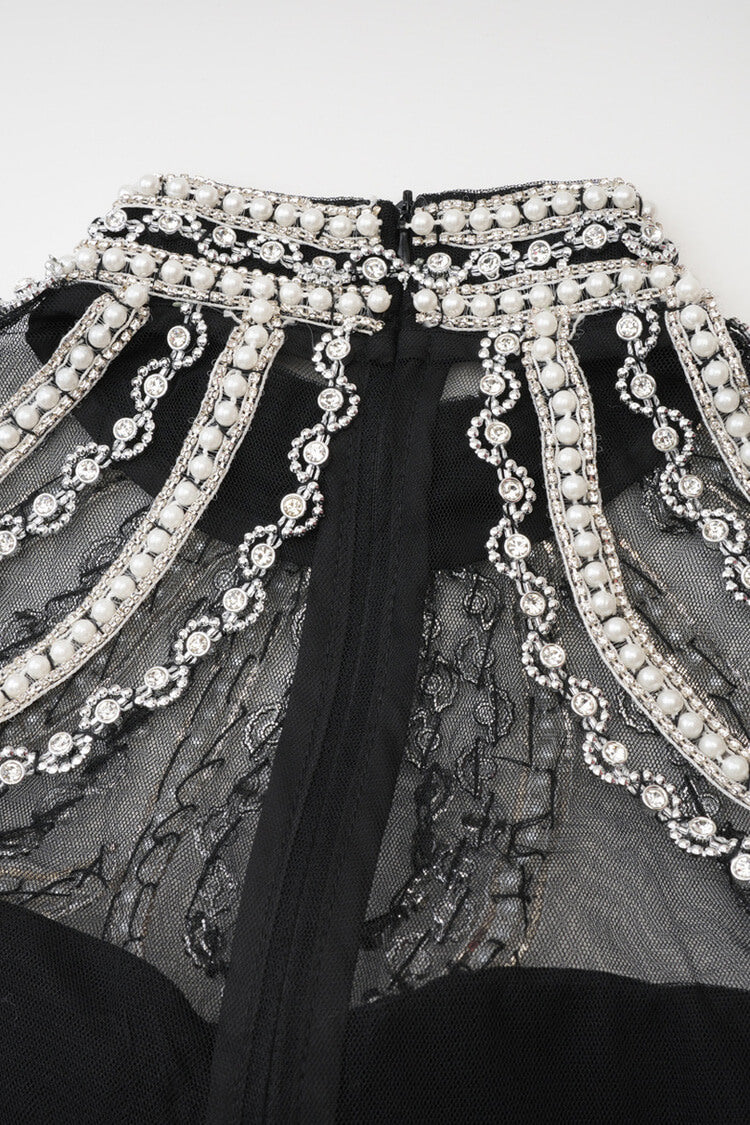 Luxury Crystal Pearl Beaded Drop Waist Tiered Tulle Maxi Evening Dress - Fashionpara