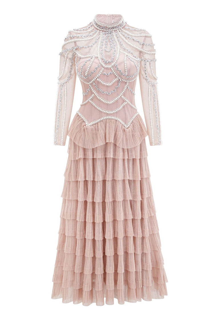 Luxury Crystal Pearl Beaded Drop Waist Tiered Tulle Maxi Evening Dress - Fashionpara