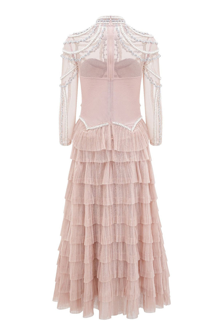 Luxury Crystal Pearl Beaded Drop Waist Tiered Tulle Maxi Evening Dress - Fashionpara