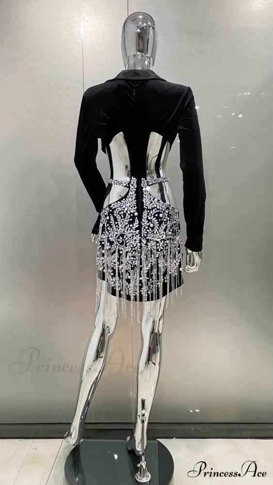 Luxury Diamonds Tassel Sexy Hollow Notched Black Mini Dress Evening Christmas Party Dress