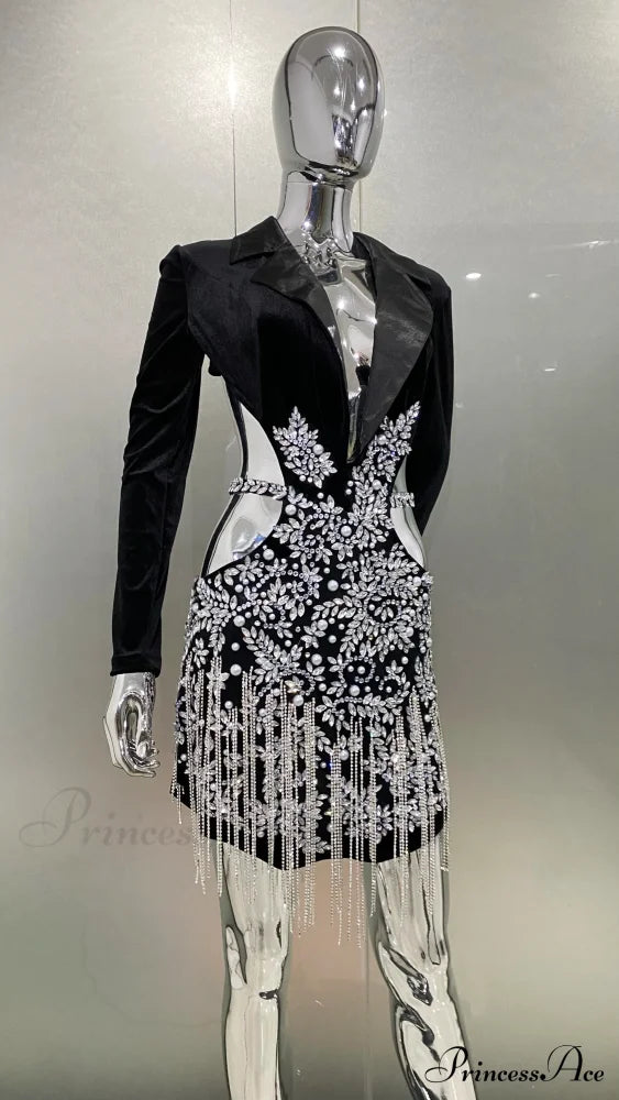 Luxury Diamonds Tassel Sexy Hollow Notched Black Mini Dress Evening Christmas Party Dress