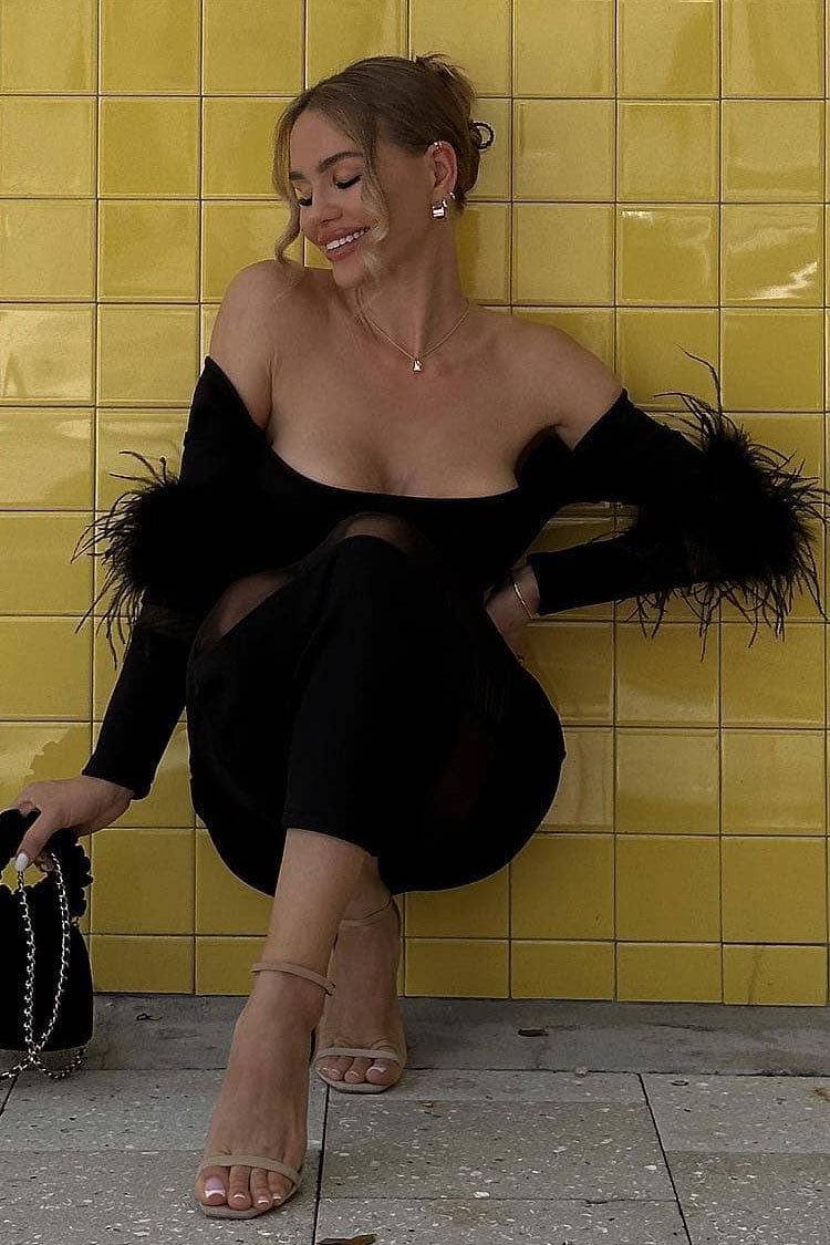 Luxury Faux Feather Trim Off Shoulder Mesh Panel Bandage Midi Dress - Black - Fashionpara