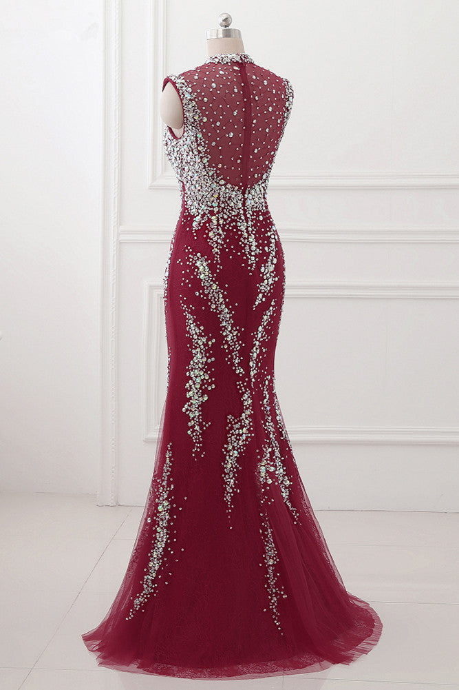 Luxury High-Neck Burgundy Mermaid Prom Dresses Sleeveless with White Rhinestones - Fashionpara