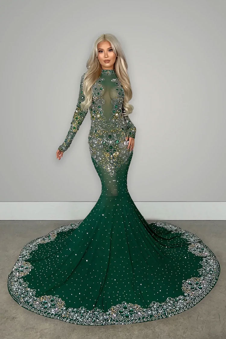 Luxury High Neck Long Sleeve Sheer Mesh Rhinestone Evening Maxi Dress - Green - Fashionpara