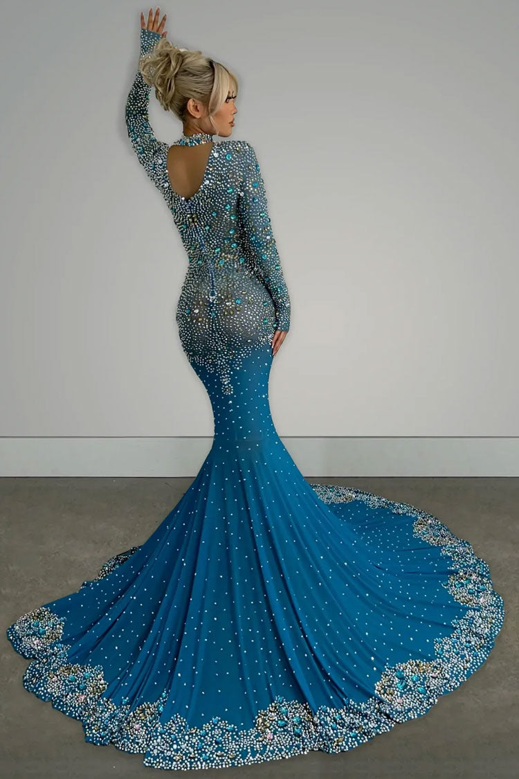 Luxury High Neck Long Sleeve Sheer Mesh Rhinestone Evening Maxi Dress - Green - Fashionpara