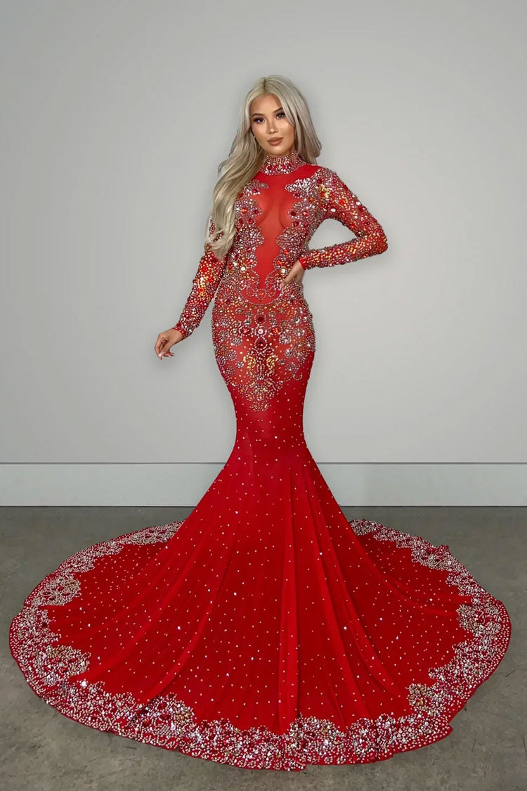 Luxury High Neck Long Sleeve Sheer Mesh Rhinestone Evening Maxi Dress - Red - Fashionpara