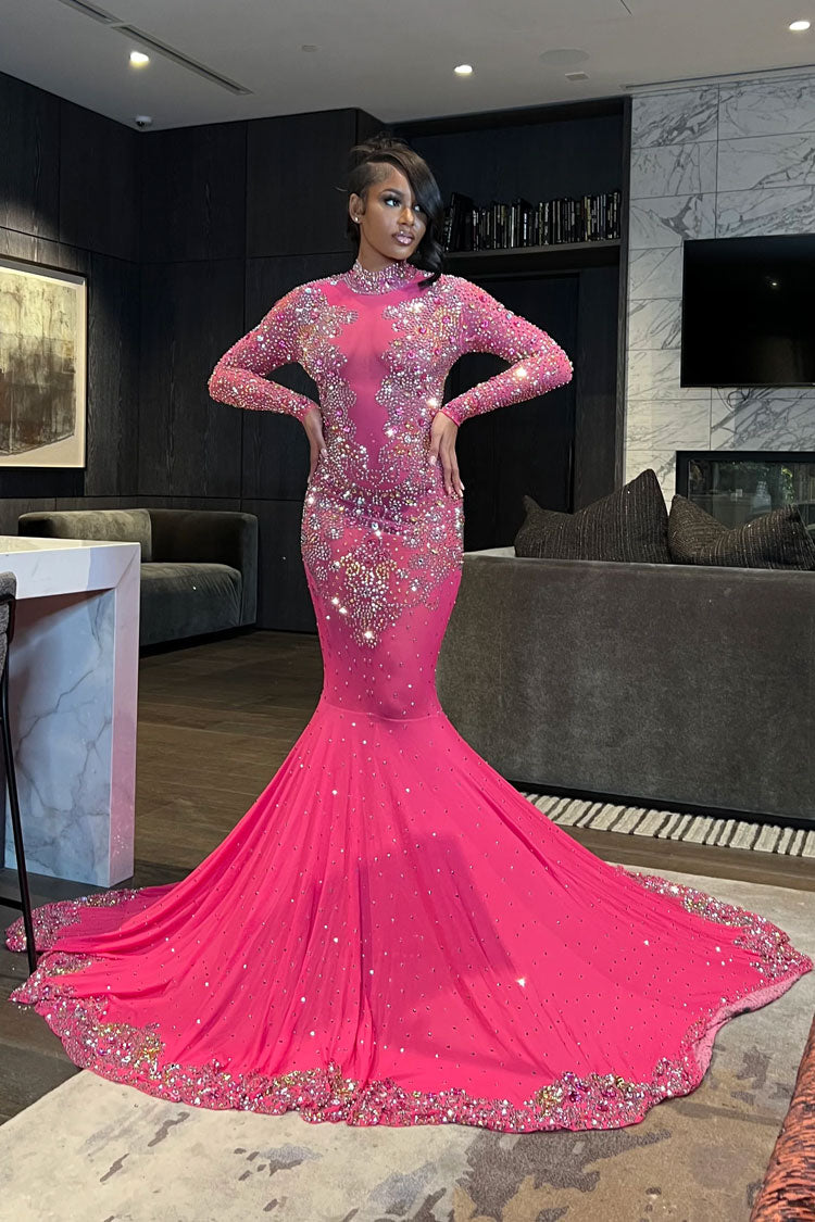 Luxury High Neck Long Sleeve Sheer Mesh Rhinestone Evening Maxi Dress - Rose - Fashionpara