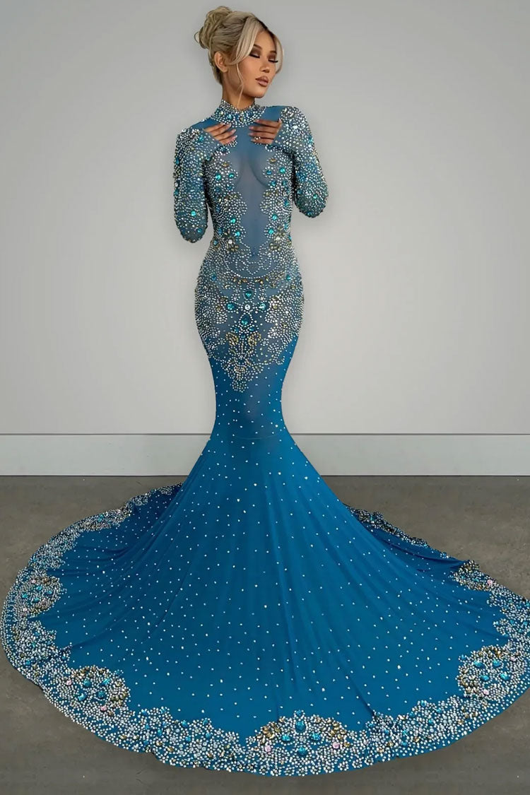 Luxury High Neck Long Sleeve Sheer Mesh Rhinestone Evening Maxi Dress - Blue - Fashionpara