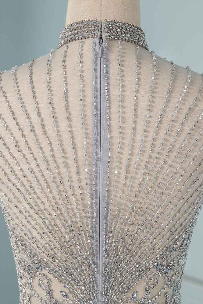 Luxury High-Neck Short-Sleeves Mermaid Prom Dresses with Beading Top - Fashionpara