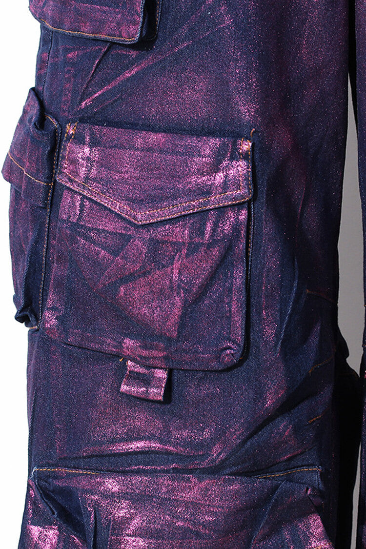 Luxury High Waist Cargo Pocket Wide Leg Metallic Coated Denim Jeans