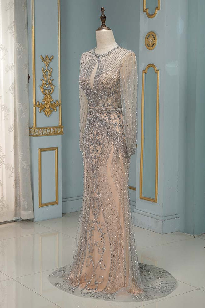 Luxury Jewel Long Sleeves Long Prom Dresses with Beadings - Fashionpara