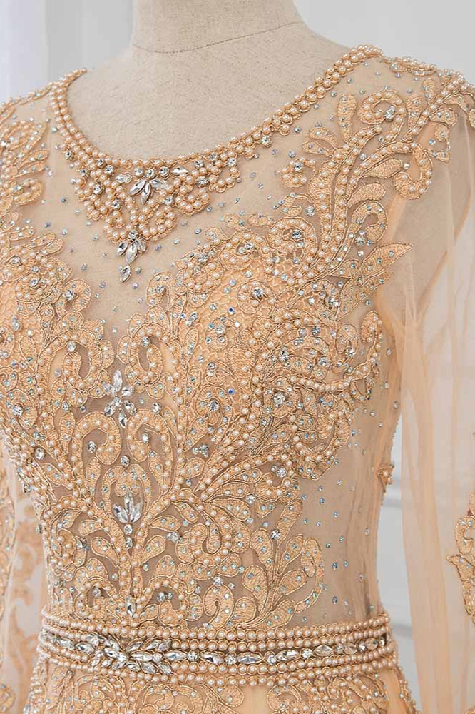 Luxury Jewel Long Sleeves Mermaid Prom Dresses with Rhinestone Appliques - Fashionpara