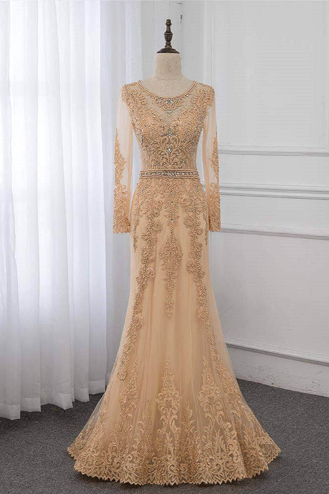 Luxury Jewel Long Sleeves Mermaid Prom Dresses with Rhinestone Appliques - Fashionpara