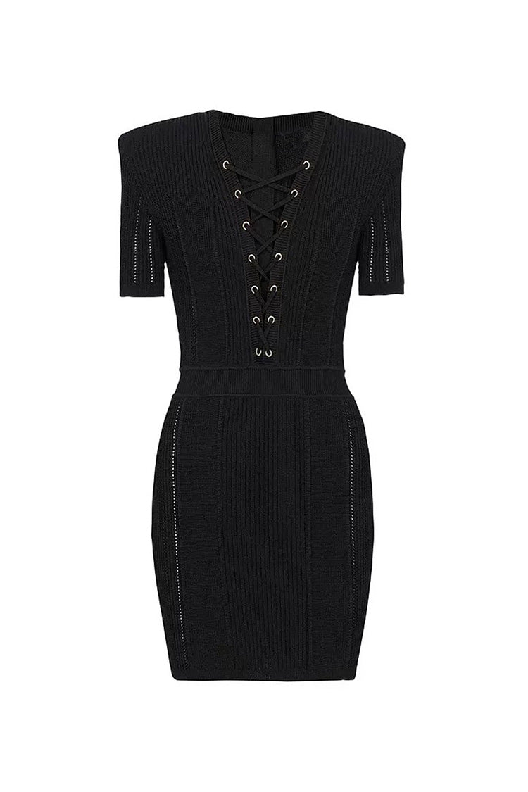 Rosedress Luxury Ribbed Knit Mini Dress with Lace Up Detail