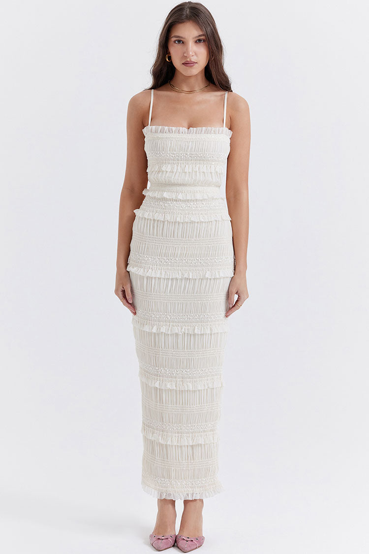 Layered Ruffle Spaghetti Strap Smocked Evening Maxi Dress - Ivory