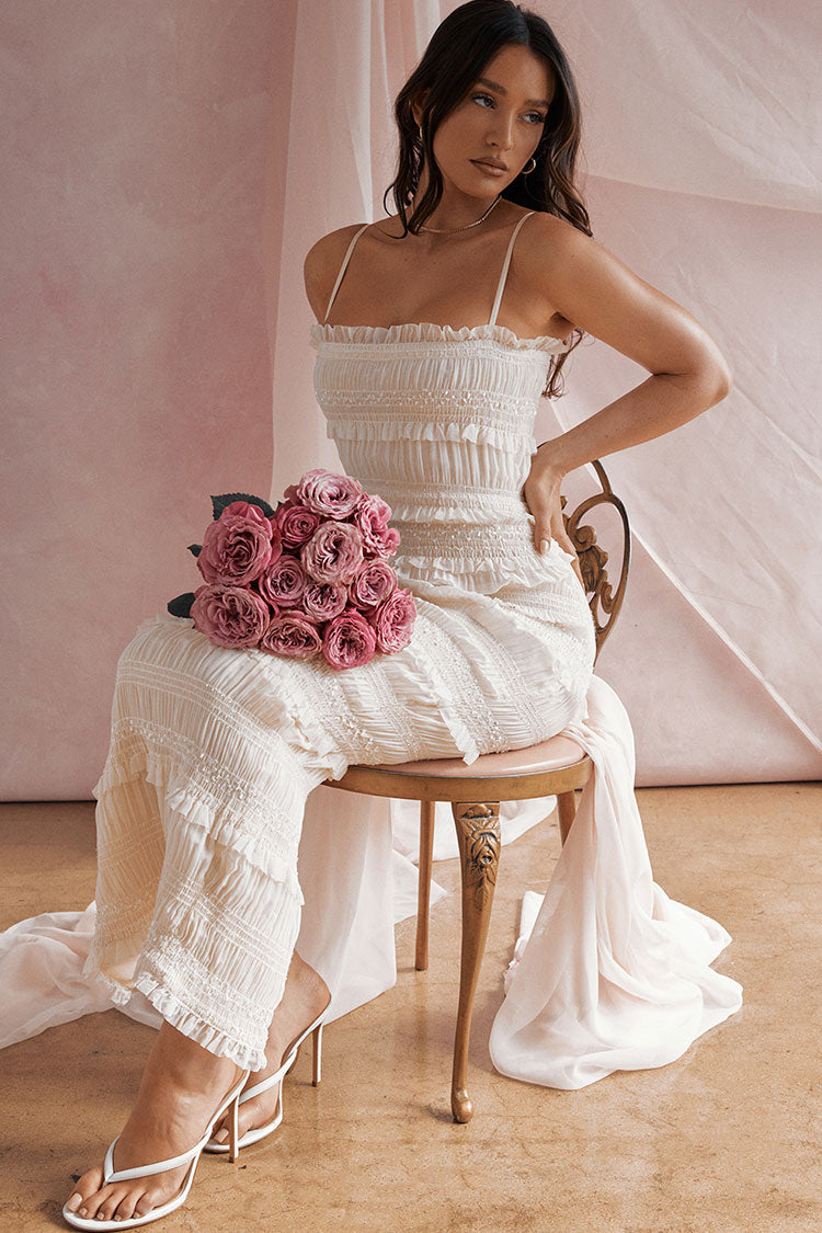 Luxury Layered Ruffle Spaghetti Strap Smocked Pleated Evening Maxi Dress - Ivory Fashionpara