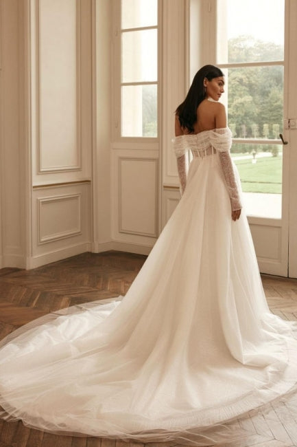 Luxury Long Sleeves Off-the-Shoulder A-Line Wedding Dress with Sequined Embellishments - Fashionpara