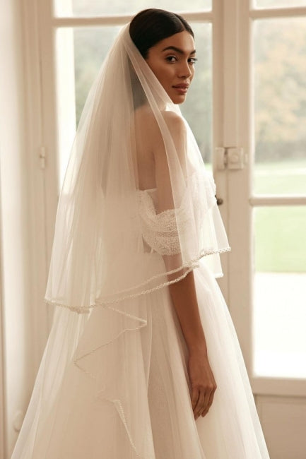 Luxury Long Sleeves Off-the-Shoulder A-Line Wedding Dress with Sequined Embellishments - Fashionpara