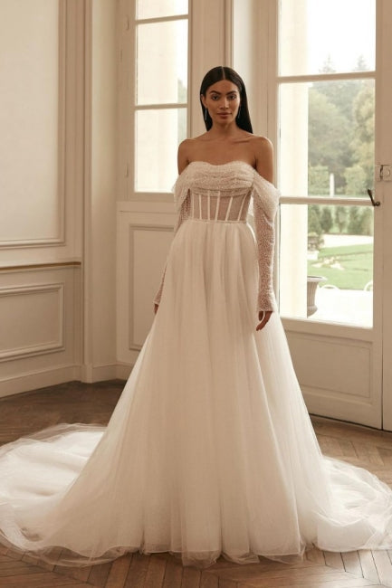 Luxury Long Sleeves Off-the-Shoulder A-Line Wedding Dress with Sequined Embellishments - Fashionpara