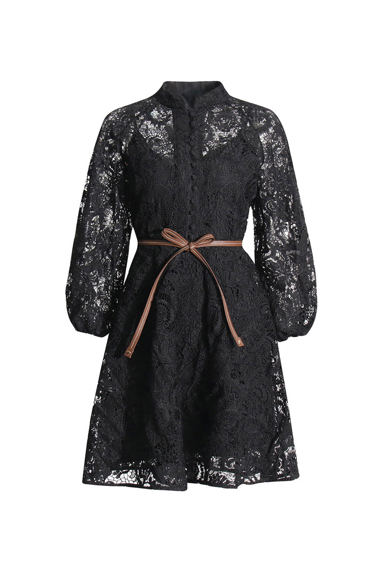 Luxury Mock Neck Blouson Sleeve Belted Paisley Guipure Lace Skater Mini Dress - Fashionpara
