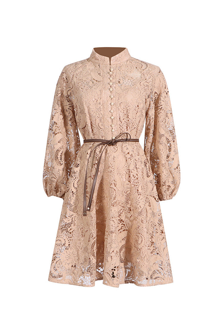 Luxury Mock Neck Blouson Sleeve Belted Paisley Guipure Lace Skater Mini Dress - Fashionpara
