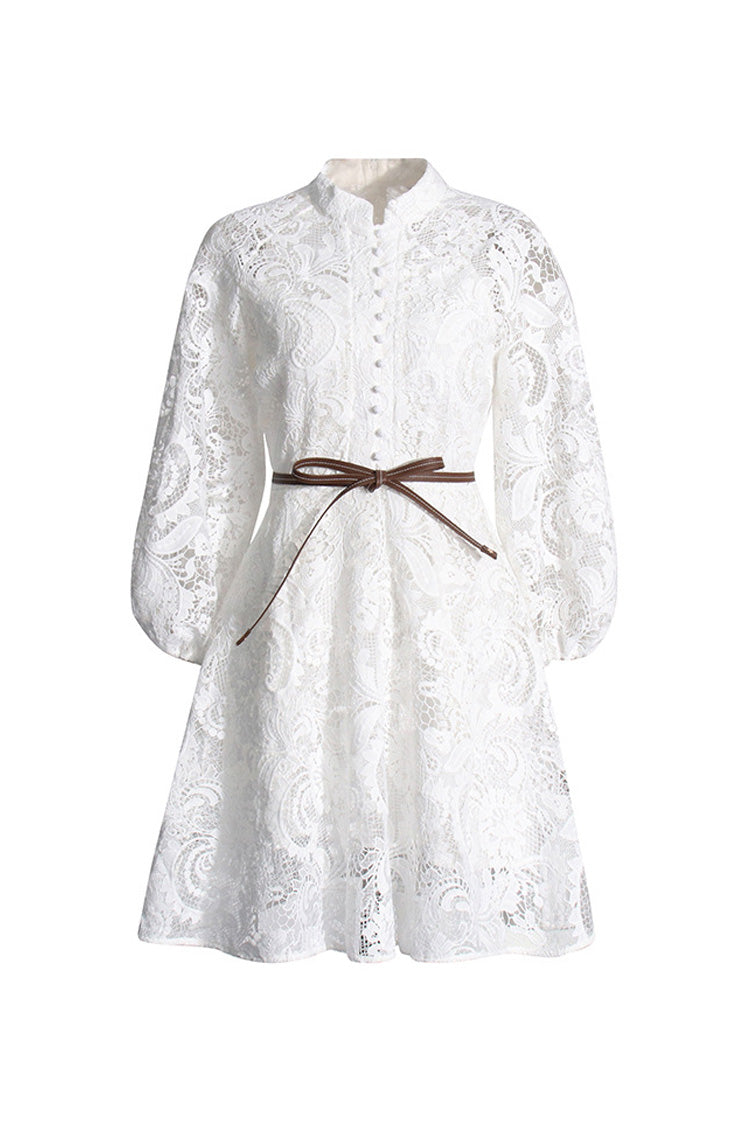 Luxury Mock Neck Blouson Sleeve Belted Paisley Guipure Lace Skater Mini Dress - Fashionpara