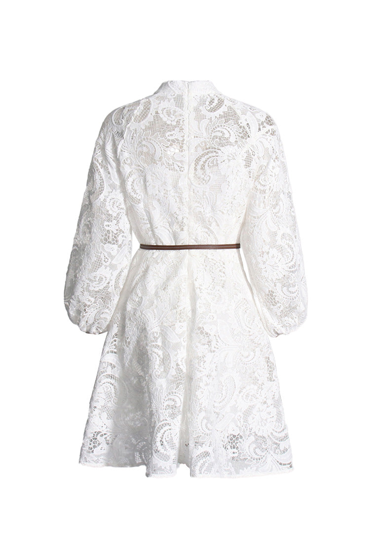 Luxury Mock Neck Blouson Sleeve Belted Paisley Guipure Lace Skater Mini Dress - Fashionpara