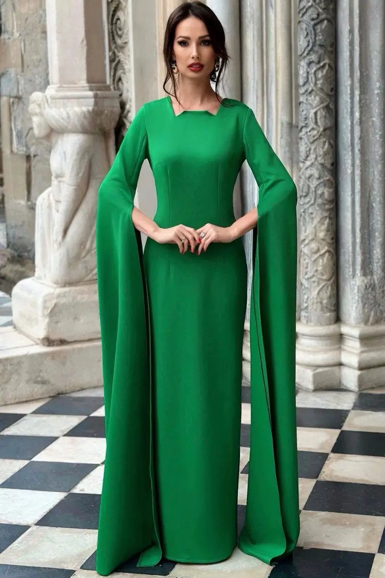 Luxury Notched Crew Neck Cape Sleeve A Line Evening Gown Maxi Dress - Green Fashionpara