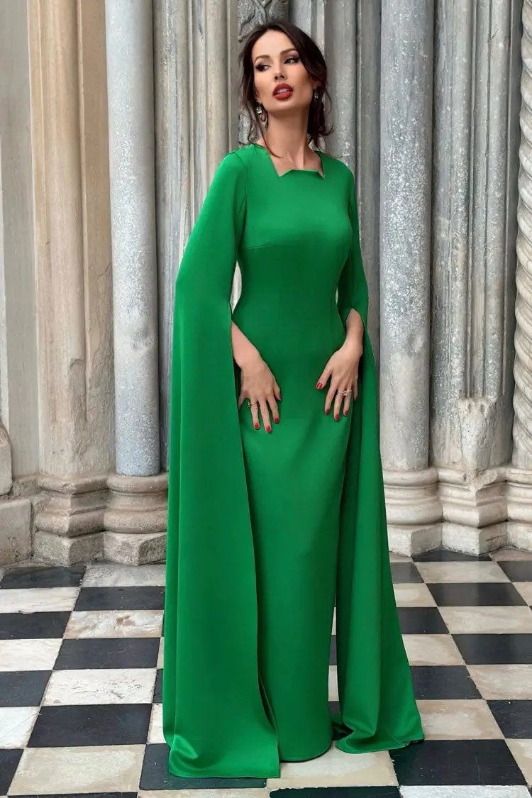 Luxury Notched Crew Neck Cape Sleeve A Line Evening Gown Maxi Dress - Green Fashionpara