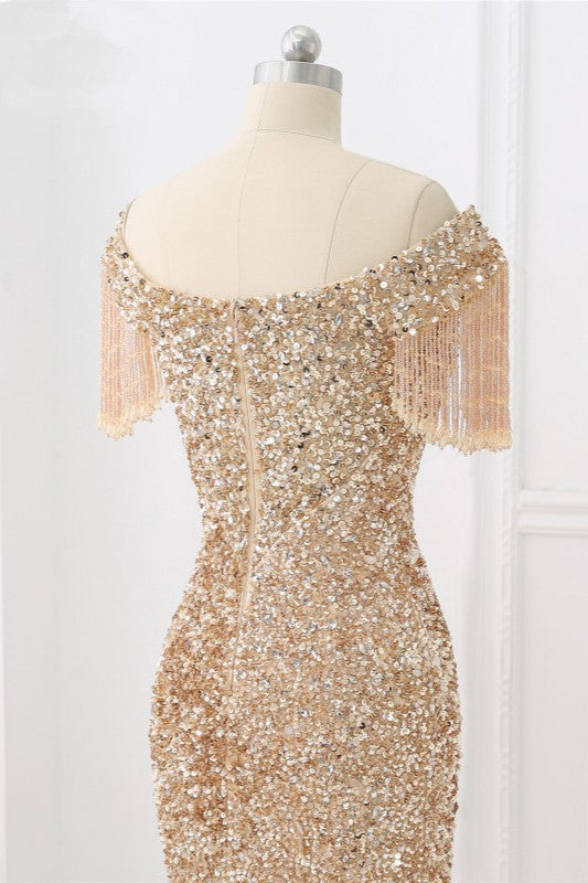 Luxury Off-the-Shoulder Sequins Burgundy Mermaid Prom Dresses with Tassels - Fashionpara