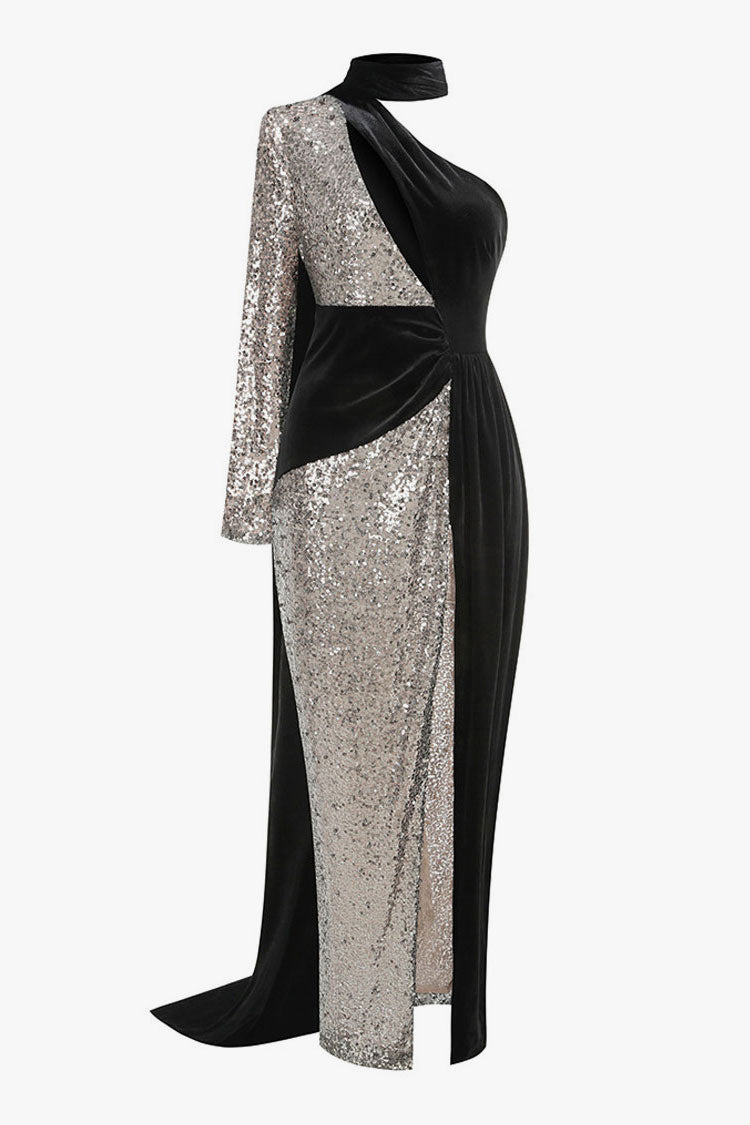 Luxury One Shoulder Draped Scarf Cutout Velvet Sequin Evening Maxi Dress