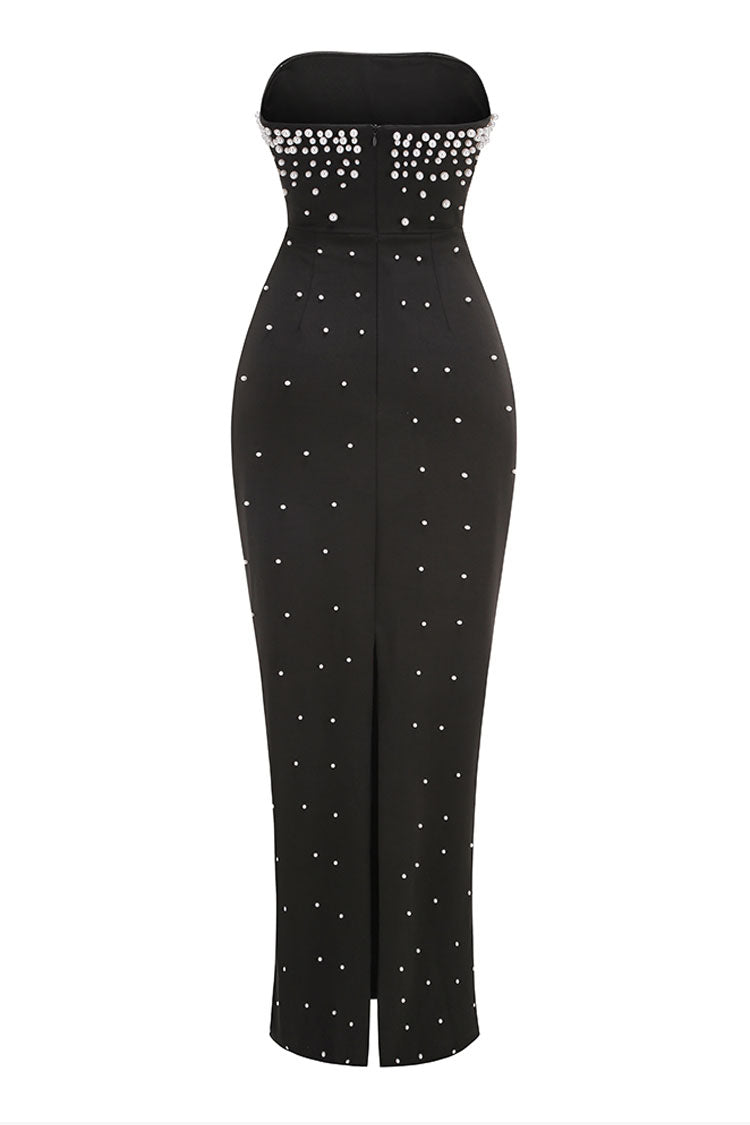 Luxury Pearl Beaded Embellished Strapless Bodycon Slit Evening Maxi Dress