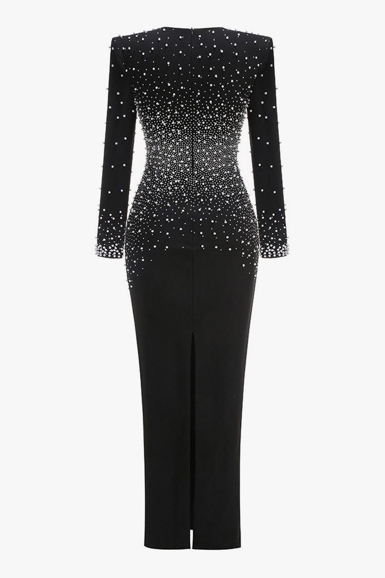 Luxury Pearl Beaded Rhinestone V Neck Long Sleeve Evening Maxi Dress