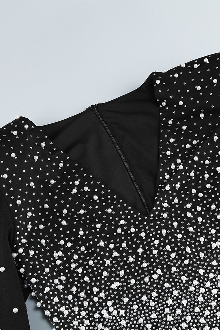 Luxury Pearl Beaded Rhinestone V Neck Long Sleeve Evening Maxi Dress